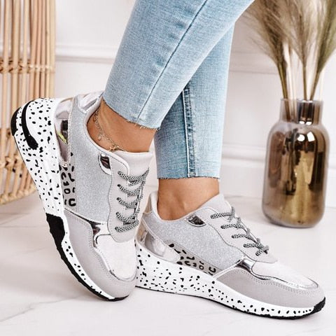 Women’s Chunky Suede-Look Trainers – Speckled Sole Lace-Up Footwear