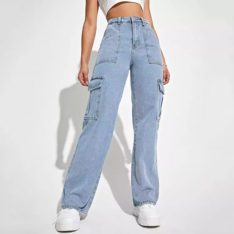 Women’s High-Waisted Wide-Leg Cargo Jeans – Structured Utility Denim