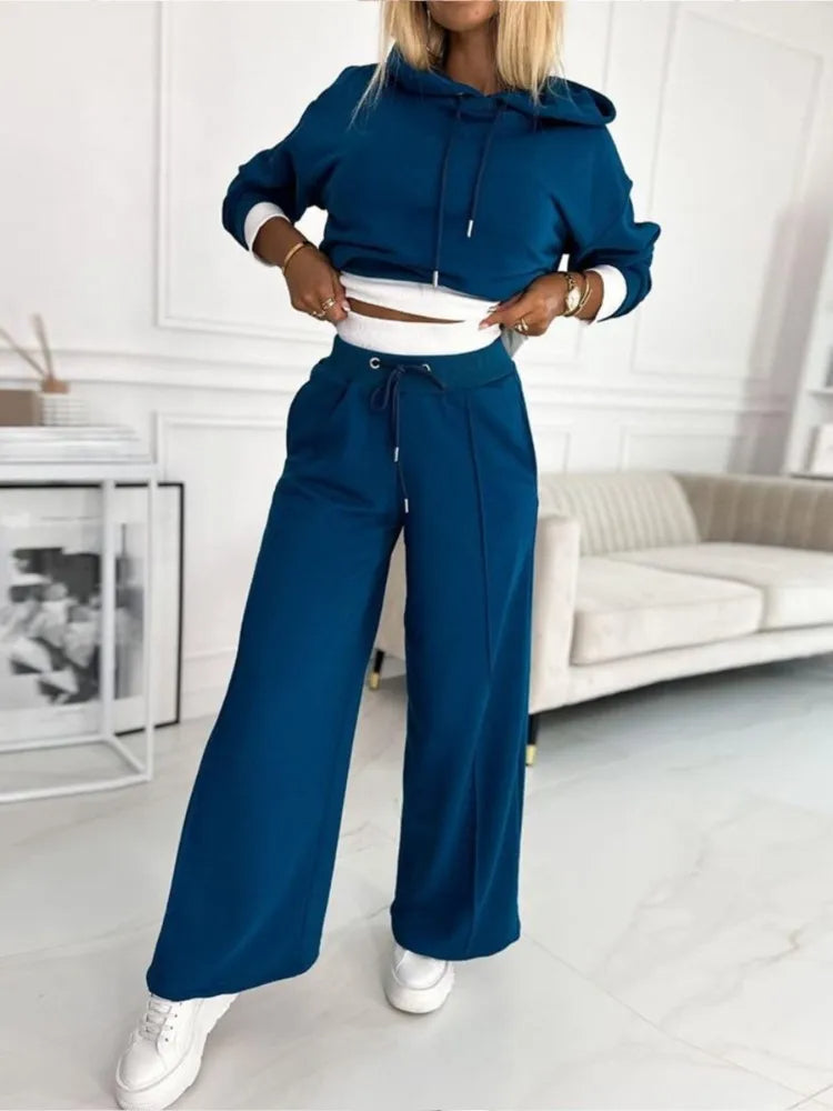 Women’s Oversized Loungewear Set – Hooded Crop Top and Wide-Leg Trousers