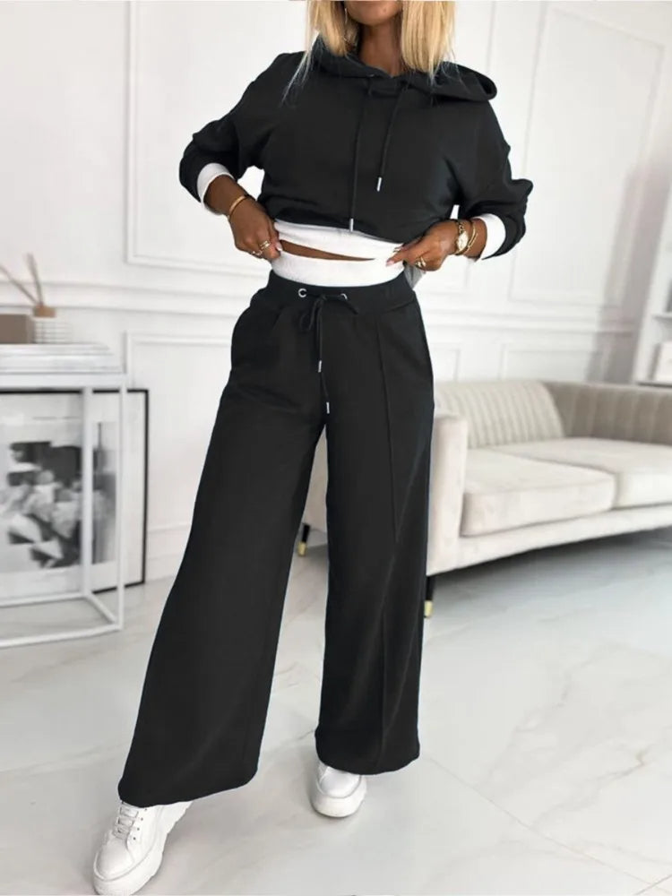Women’s Oversized Loungewear Set – Hooded Crop Top and Wide-Leg Trousers