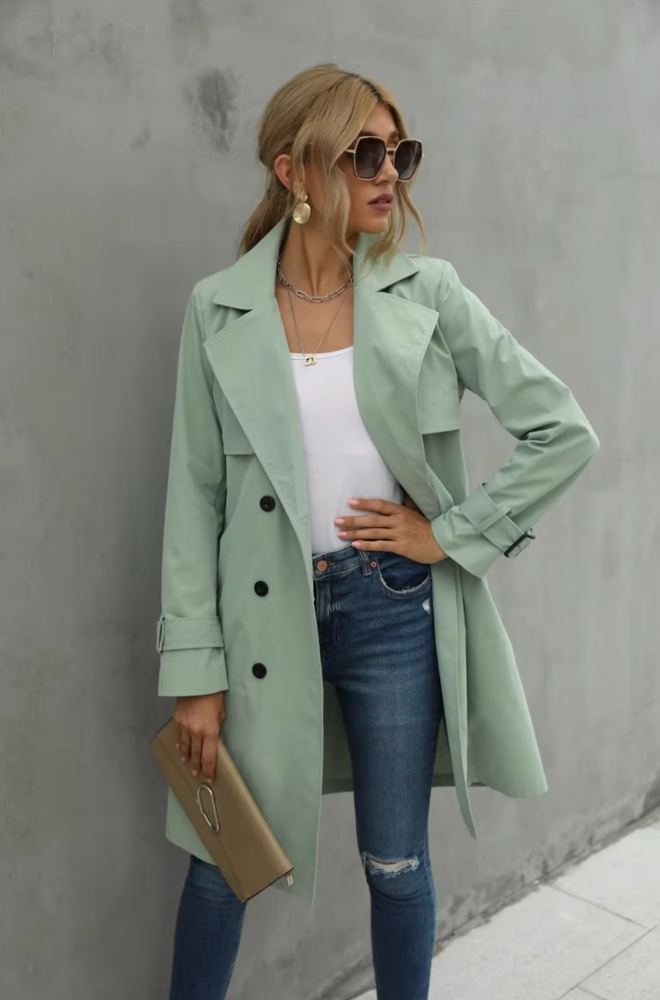 Women’s Belted Double-Breasted Trench – Mid-Length Structured Outerwear