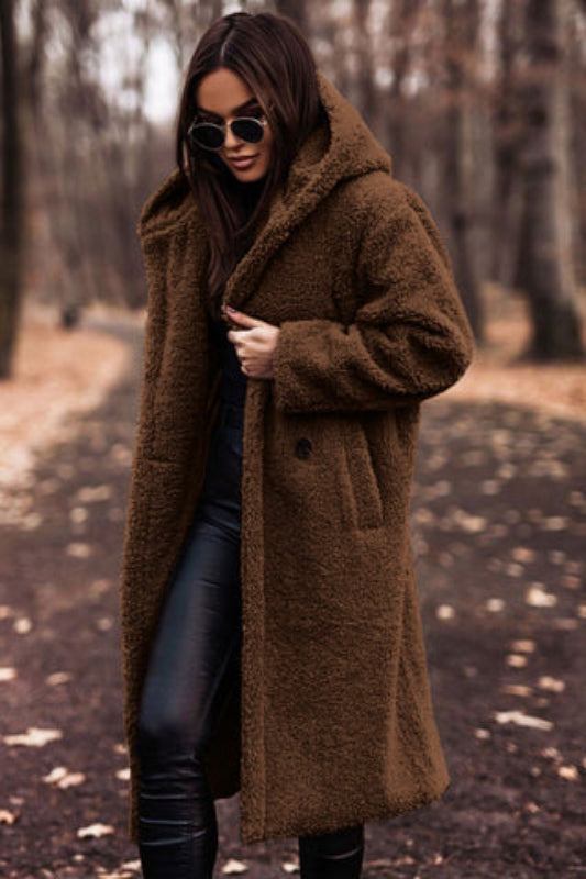 Women's Longline Sherpa Teddy Coat with Oversized Hood
