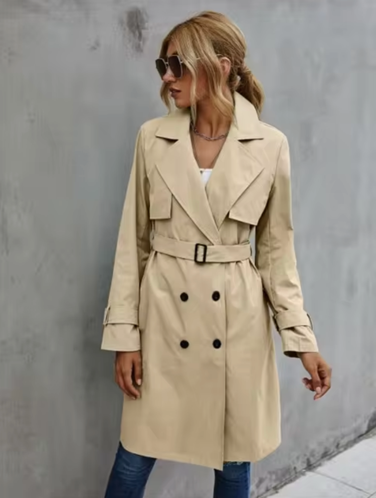 Women’s Belted Double-Breasted Trench – Mid-Length Structured Outerwear