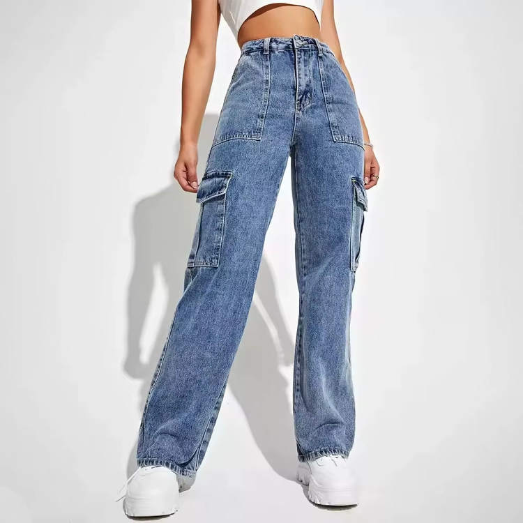 Women’s High-Waisted Wide-Leg Cargo Jeans – Structured Utility Denim