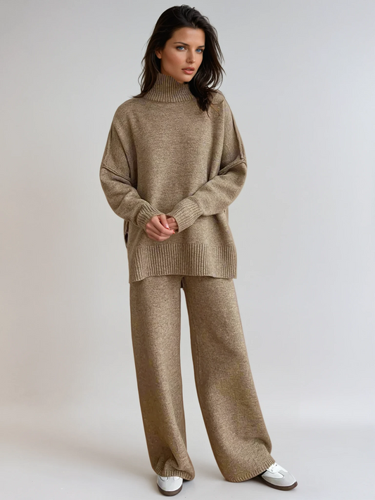 Women’s Textured Knit Lounge Set – Oversized Turtleneck and Wide-Leg Trousers