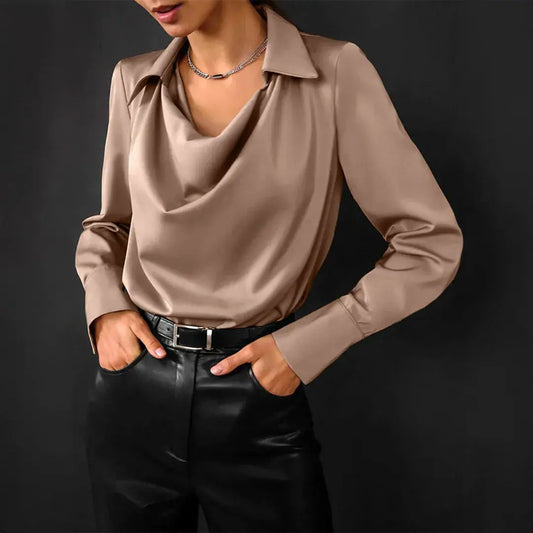 Women’s Cowl Neck Blouse – Long Sleeve Satin-Finish Top
