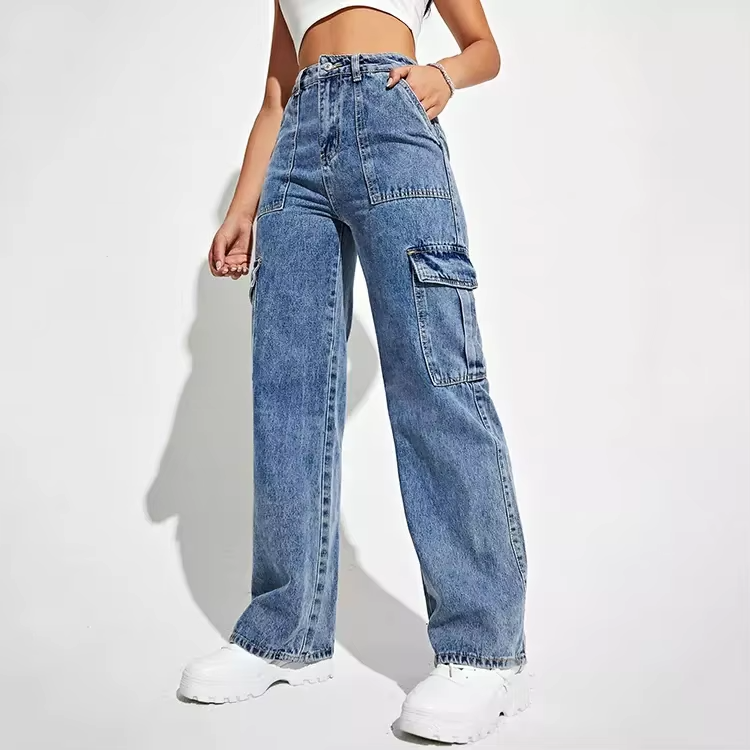 Women’s High-Waisted Wide-Leg Cargo Jeans – Structured Utility Denim