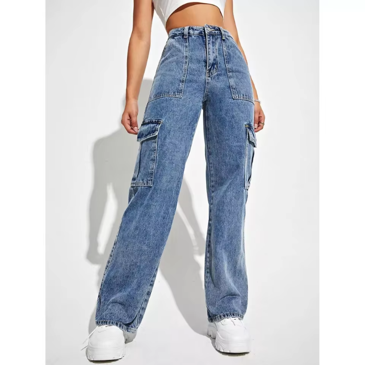 Women’s High-Waisted Wide-Leg Cargo Jeans – Structured Utility Denim