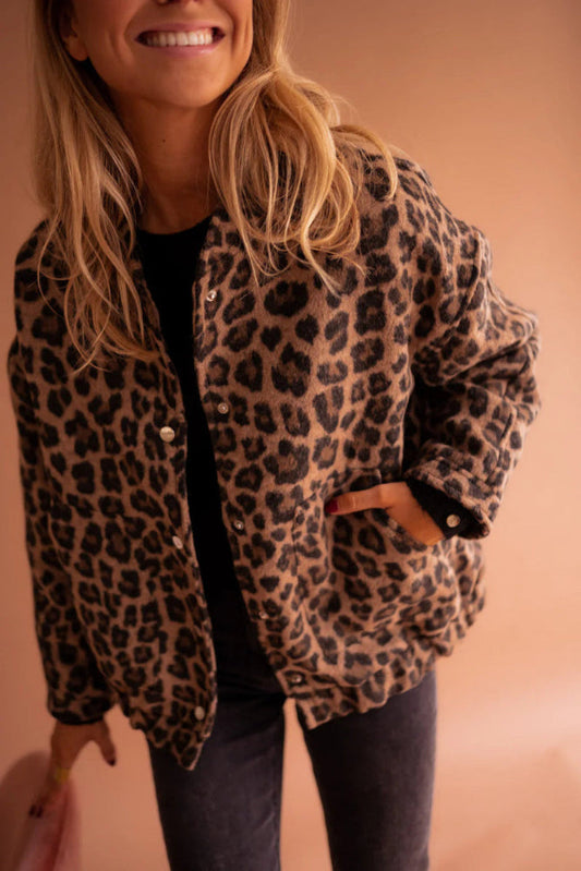 Women’s Leopard Print Bomber – Relaxed Fit Snap-Front Outerwear