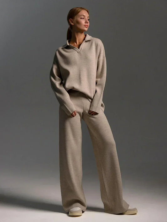 Women’s Knit 2-Piece Lounge Set – Ribbed Collared Sweater and Wide-Leg Pants