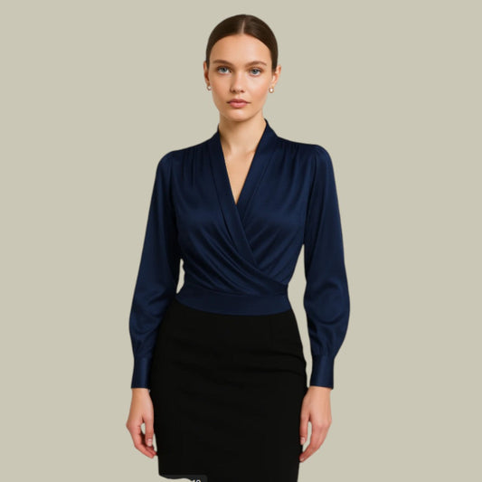 Women’s Wrap-Front Satin Blouse – Long-Sleeve V-Neck Tailored Top