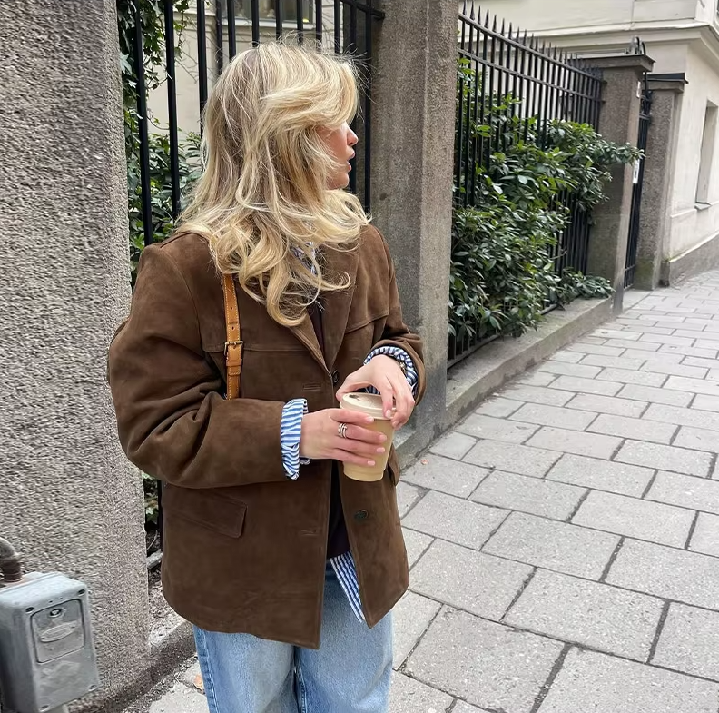 Women’s Oversized Suede-Finish Jacket – Relaxed Single-Button Outerwear