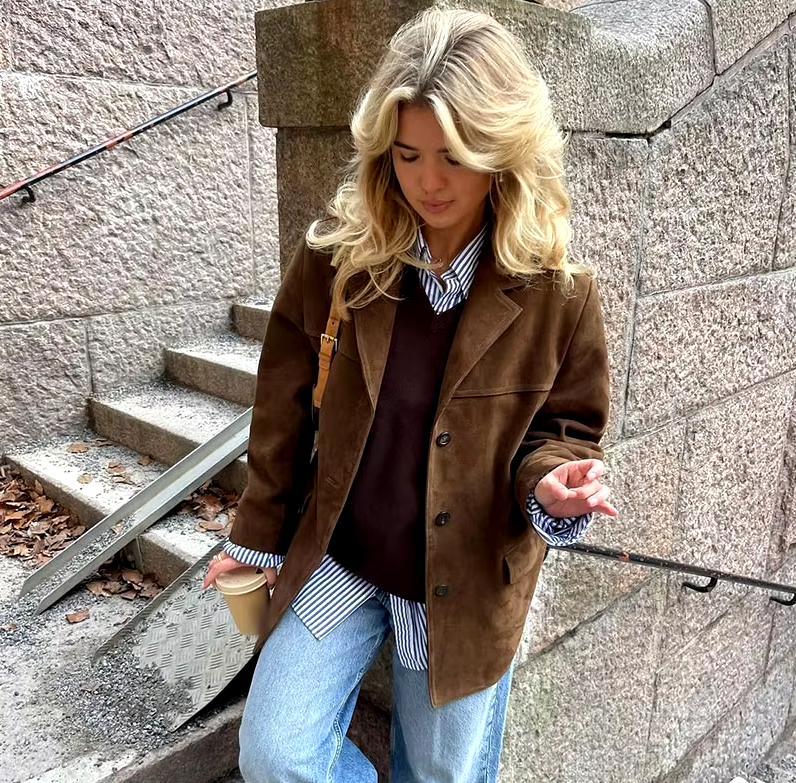 Women’s Oversized Suede-Finish Jacket – Relaxed Single-Button Outerwear