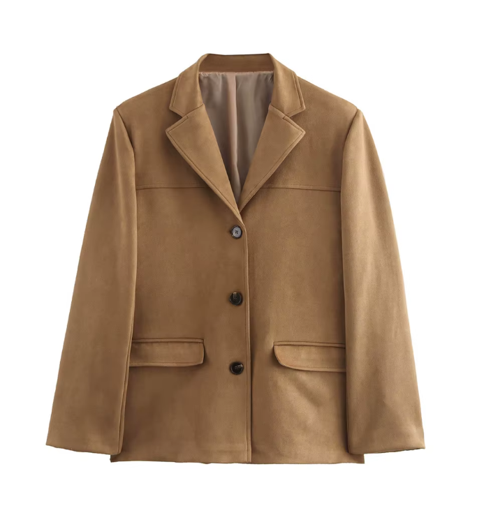 Women’s Oversized Suede-Finish Jacket – Relaxed Single-Button Outerwear
