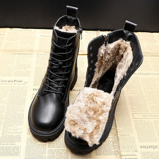 Women’s Faux Leather Combat Boots – Furred Lining Lace-Up Footwear