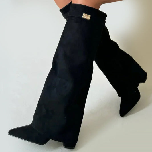 Women’s Knee-High Pointed Toe Suede Boots – Fold-Over Cuff Block Heel Footwear