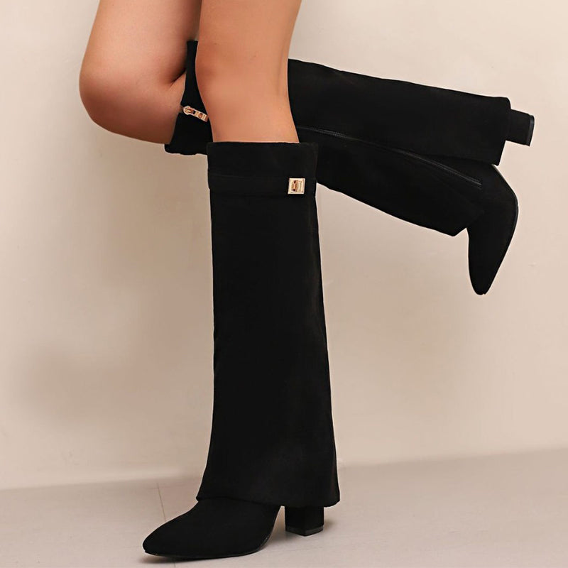 Women’s Knee-High Pointed Toe Suede Boots – Fold-Over Cuff Block Heel Footwear