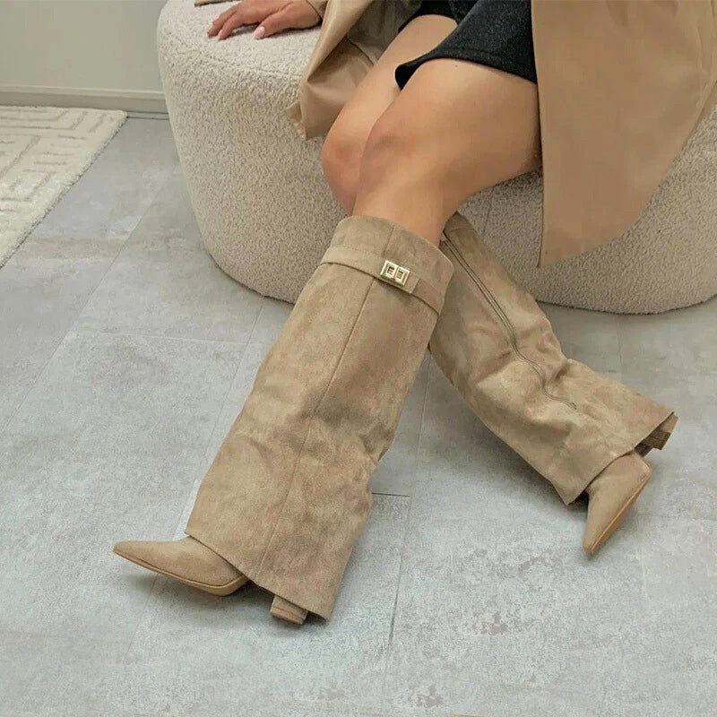 Women’s Knee-High Pointed Toe Suede Boots – Fold-Over Cuff Block Heel Footwear