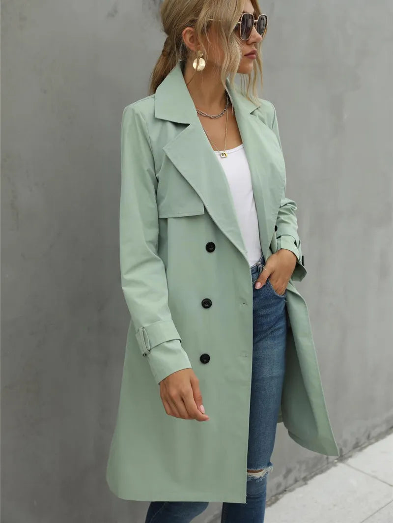 Women’s Belted Double-Breasted Trench – Mid-Length Structured Outerwear