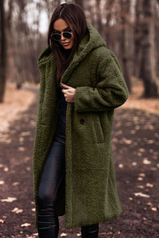 Women's Longline Sherpa Teddy Coat with Oversized Hood