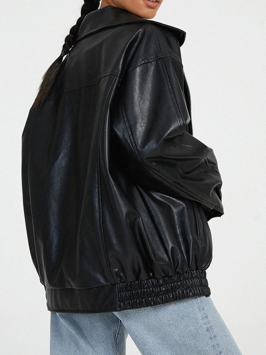 Women’s Oversized Faux Leather Bomber – Minimalist Pointed Collar Jacket