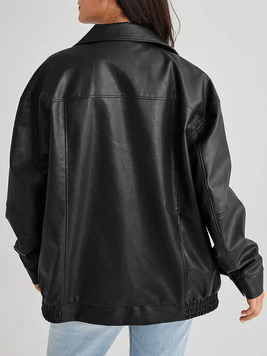 Women’s Oversized Faux Leather Bomber – Minimalist Pointed Collar Jacket