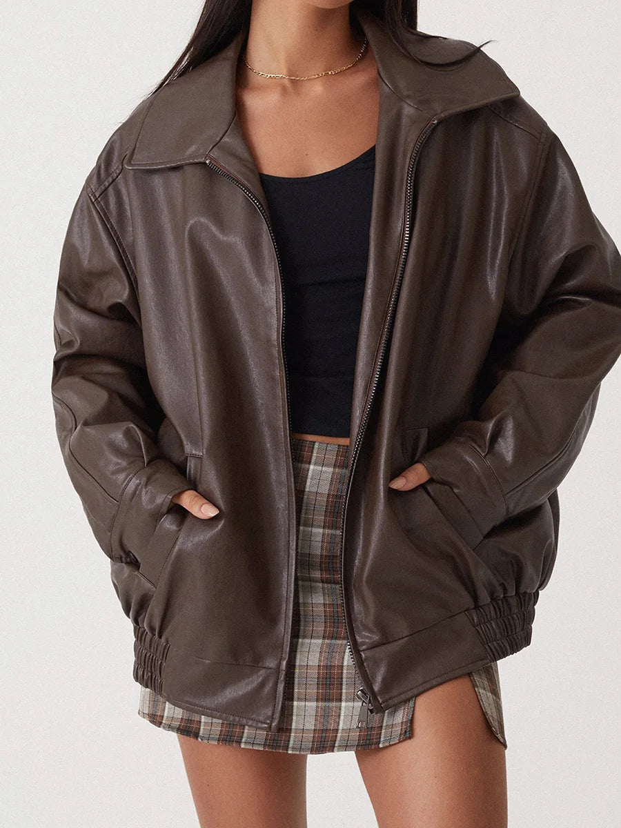 Women’s Oversized Faux Leather Bomber – Minimalist Pointed Collar Jacket