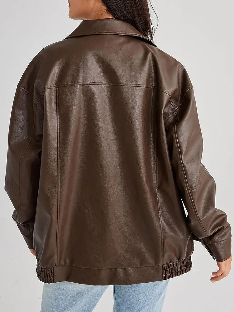 Women’s Oversized Faux Leather Bomber – Minimalist Pointed Collar Jacket