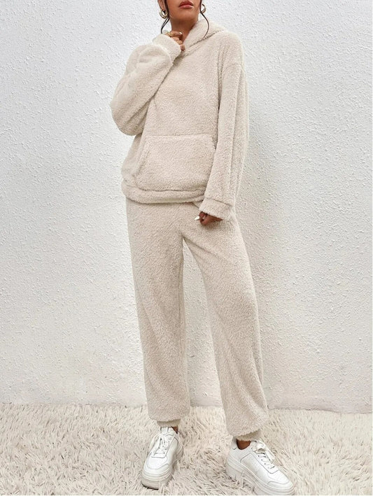 Women’s Teddy Fleece Loungewear Set – Hooded Pullover and Straight-Leg Trousers